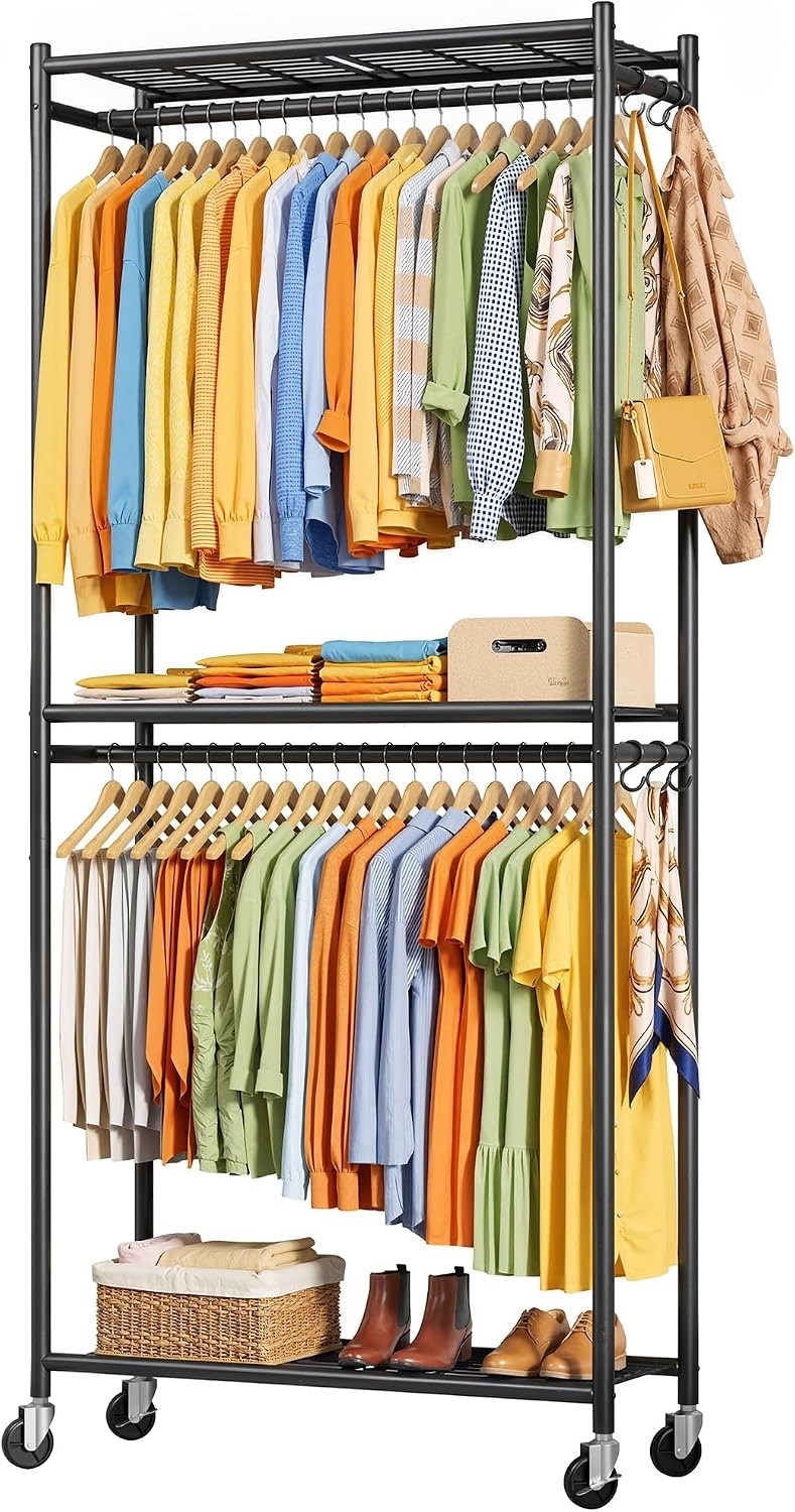 Heavy Duty Clothes Rail Metal Garment Rack Wheels Shelves 84x31x202cm Black