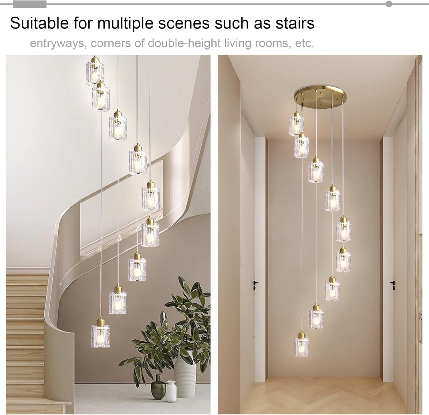 Modern Gold Chandelier 9 Light Glass Pendant E27 Adjustable 220cm Ceiling Lamp