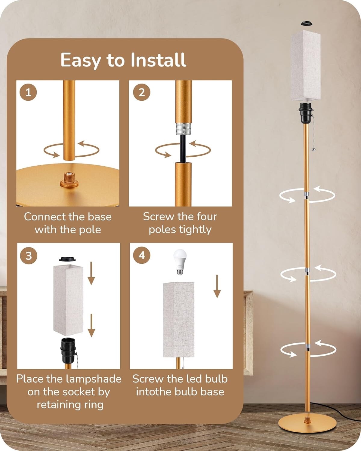 EDISHINE Floor Lamp Standing Lamp with Square Linen Lampshade Gold