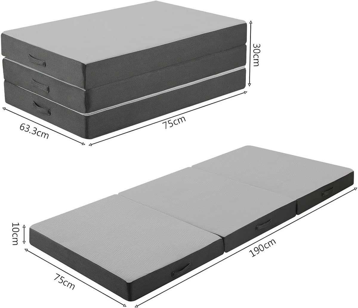 Folding Mattress Small Single Tri Fold 190x75cm 10cm Thick Foam Guest Bed Grey