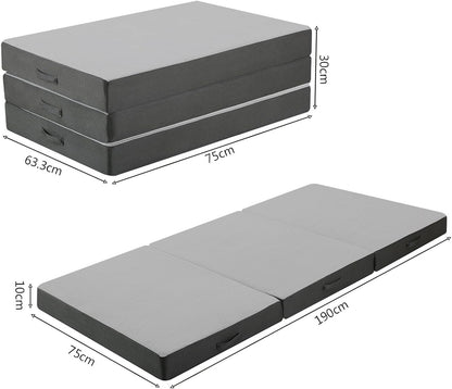 Folding Mattress Small Single Tri Fold 190x75cm 10cm Thick Foam Guest Bed Grey