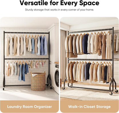 Clothes Rail Rack Heavy Duty Double Hanging Garment Stand 152cm 160kg Wheels
