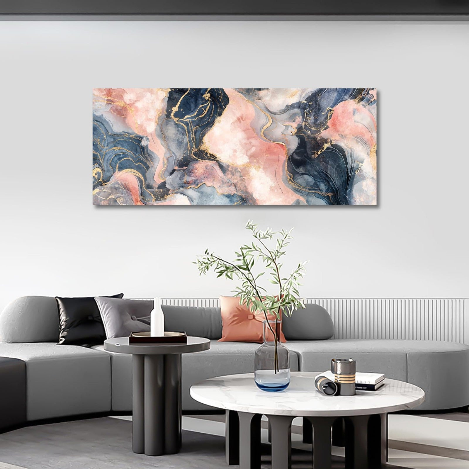 Large Abstract Marble Canvas Wall Art Grey Pink Gold Framed Picture 120x50cm