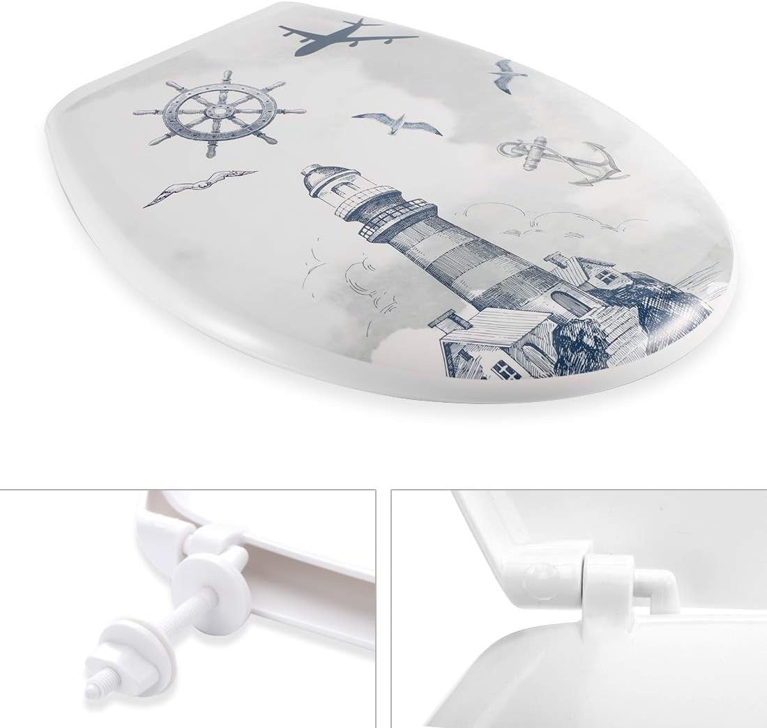 Modern PVC Toilet Seat with Unique Lighthouse Pattern - Easy to Clean, 44x36cm