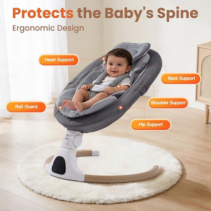 Baby Swing Chair Electric Bouncer Rocker Grey Bluetooth 5 Speeds Remote 0-6M