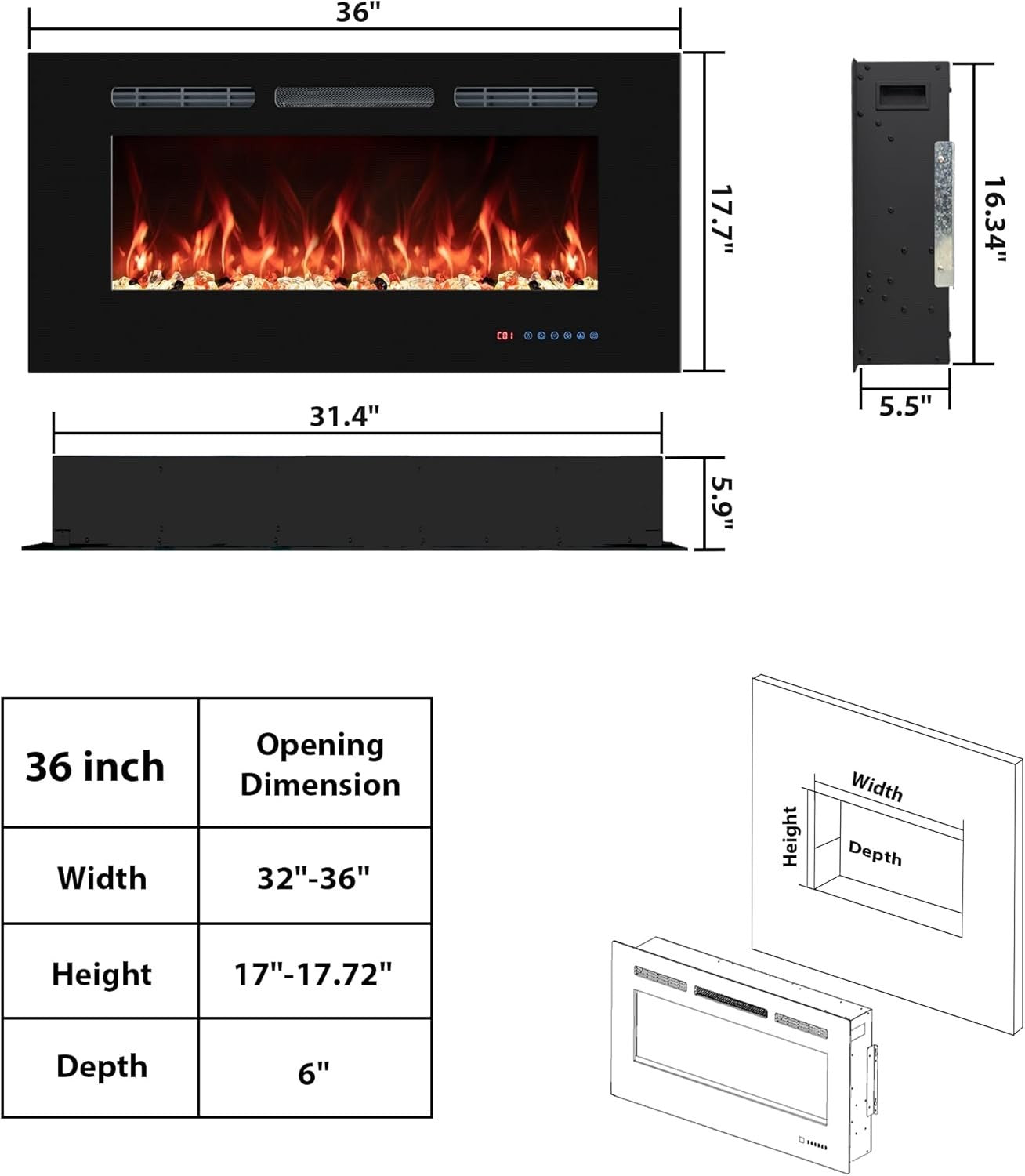 Electric Fireplace Heater 36in Wall Mounted Recessed LED Timer Remote Insert
