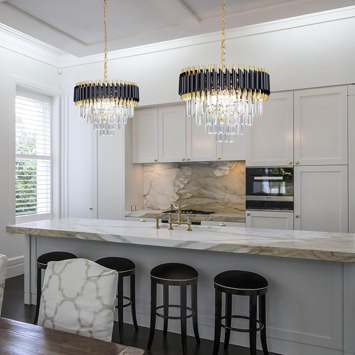 Crystal Chandelier Ceiling Light 20 Inch Black Gold 4 Tier Adjustable Pendant