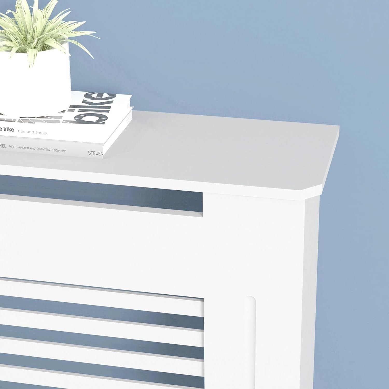 White MDF Radiator Cover 100cm Tall Modern Slatted Heater Cabinet Shelf