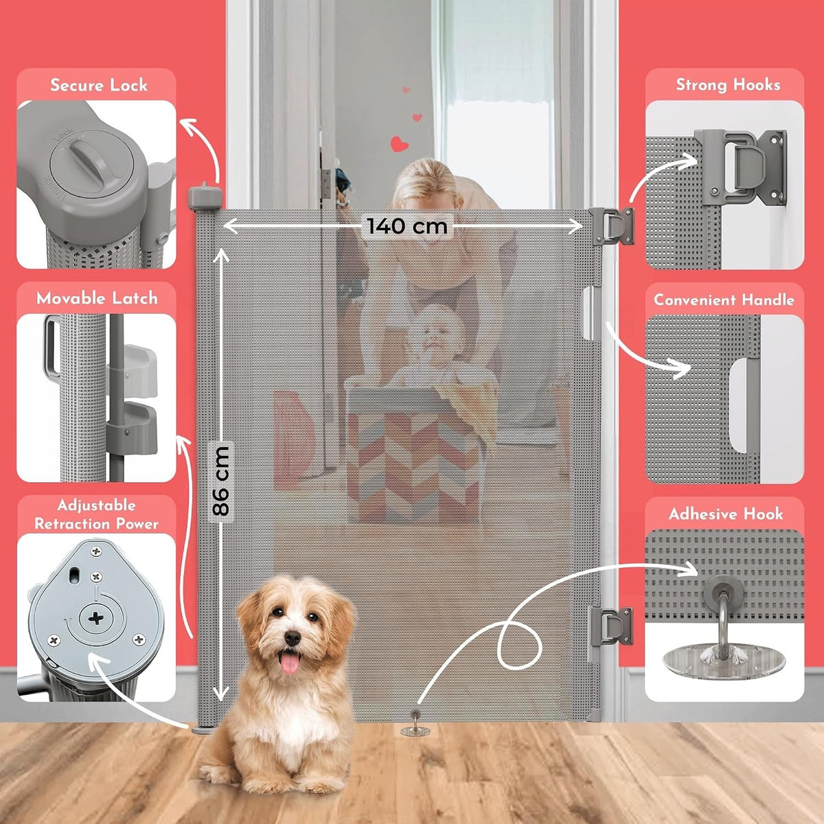 Retractable Baby Gate 140cm Grey Double Lock Stair Pet Dog Child Safety Barrier