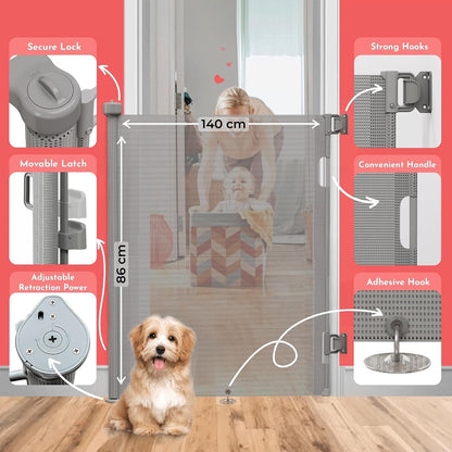Retractable Baby Gate 140cm Grey Double Lock Stair Pet Dog Child Safety Barrier
