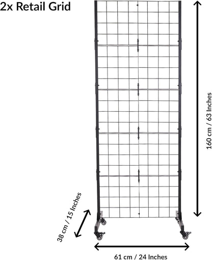 ODOXIA 2 packs | Grid wall | Black Metal Display Rack With Wheels, Space Saving