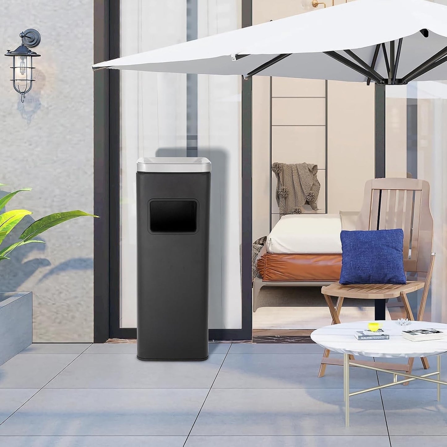 Outdoor Stainless Steel Trash Bin With Lid Commercial Garden Waste Can Black