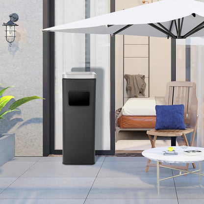 Outdoor Stainless Steel Trash Bin With Lid Commercial Garden Waste Can Black