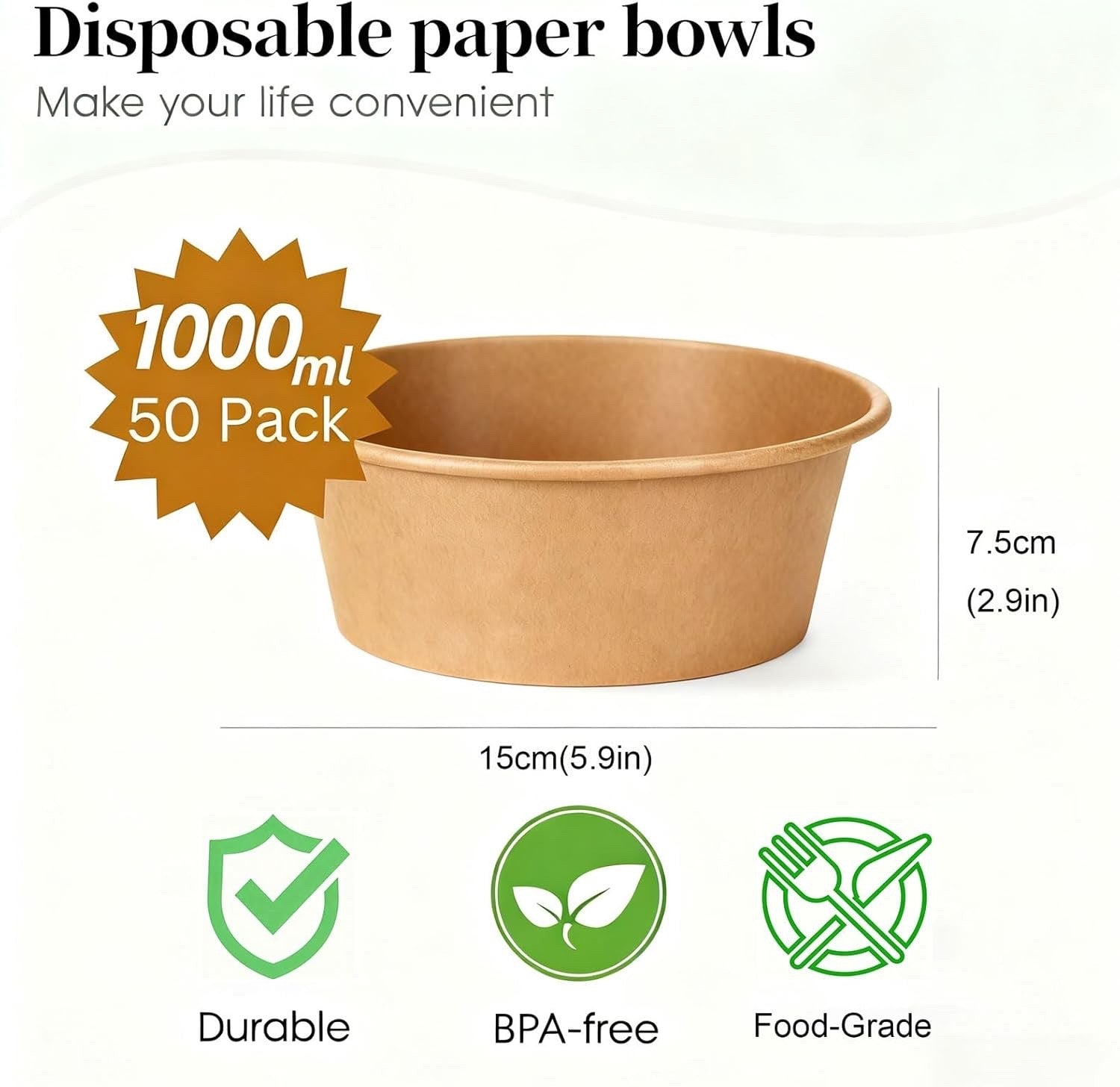 Disposable Paper Bowls 1000ml Kraft Takeaway Food Containers 50 Pack No Lids