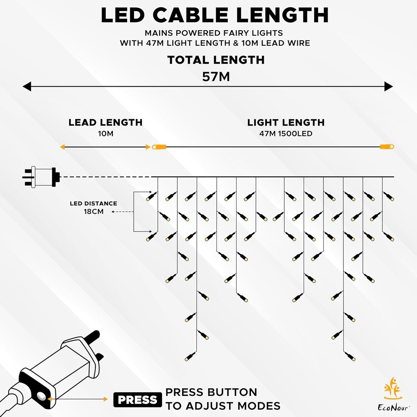 EcoNour Icicle Lights Outdoor Christmas Lights 1500 LED 47M Warm White