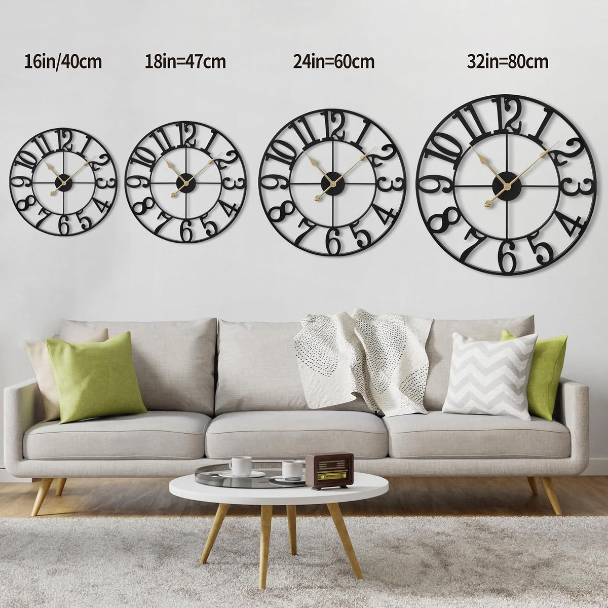 Large Wall Clock Metal Round 47cm Black Silent Non Ticking Battery Vintage Style