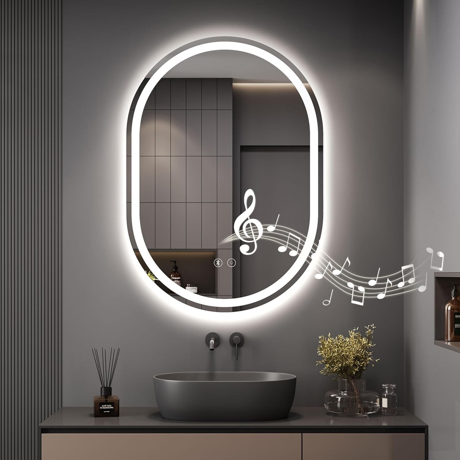 Bathroom LED Mirror Bluetooth 500x700mm Oval Demister Dimmable Wall Light IP44