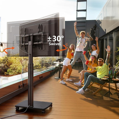 TV Stand Floor Mobile Wheels 32-70in Wooden Shelf Height Adjustable Swivel Black