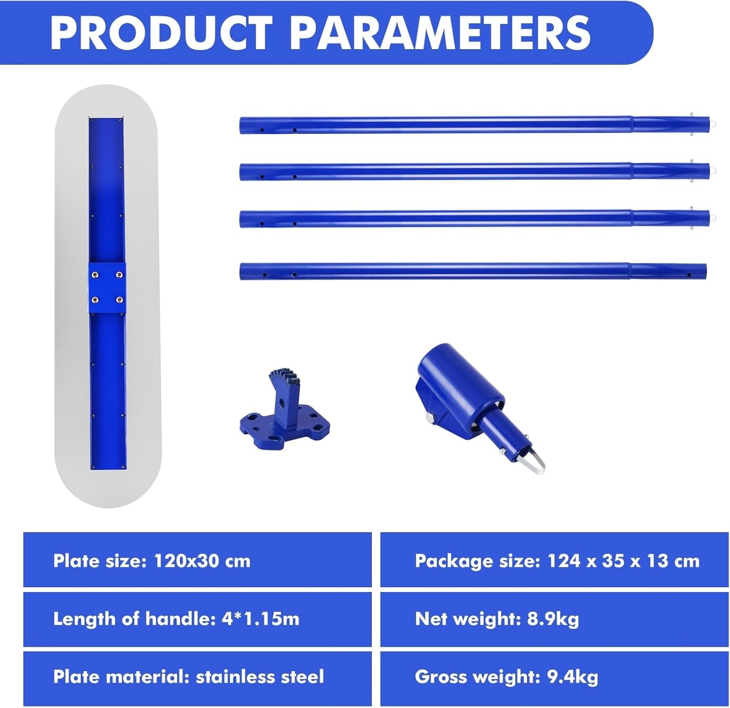 120x30cm Concrete Bull Float with 4 Handles 1.15m Aluminium Set Blue