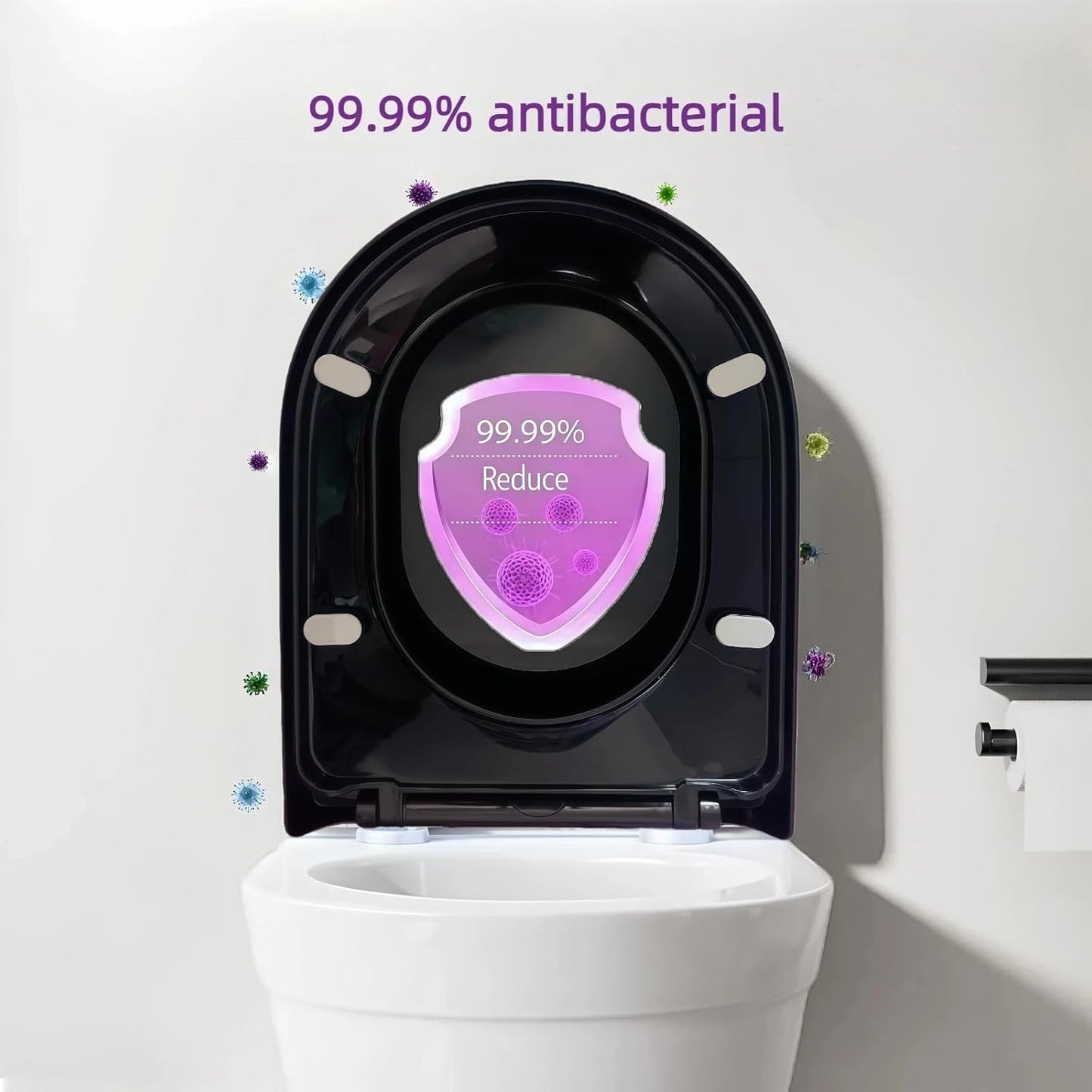 Black D Shape Toilet Seat Soft Close Quick Release Adjustable Hinges 46x36cm