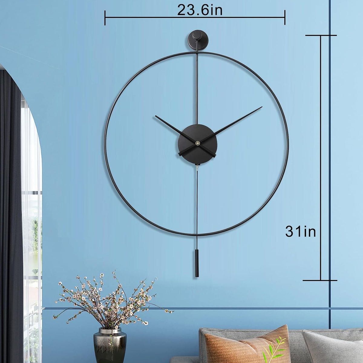 Large Wall Clock Pendulum Silent 60cm Black Modern Metal Analogue Home Decor