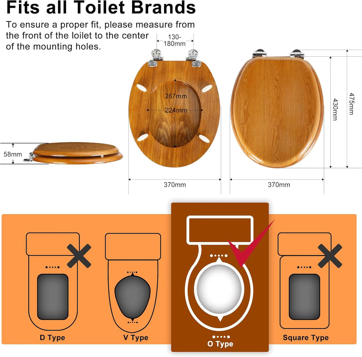 Toilet Seat Wooden Soft Close Oak 45x37cm Antibacterial Quick Release Hinges Eas