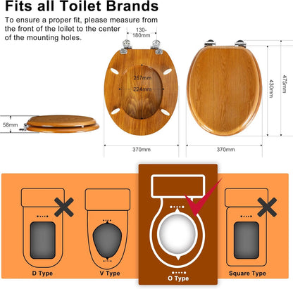 Toilet Seat Wooden Soft Close Oak 45x37cm Antibacterial Quick Release Hinges Eas