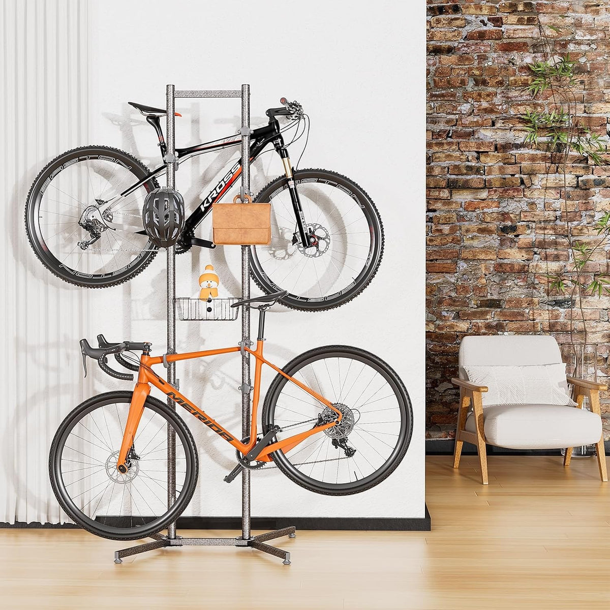 Bike Storage Rack Stand 4 Bicycle Floor Holder Garage Organiser with Basket