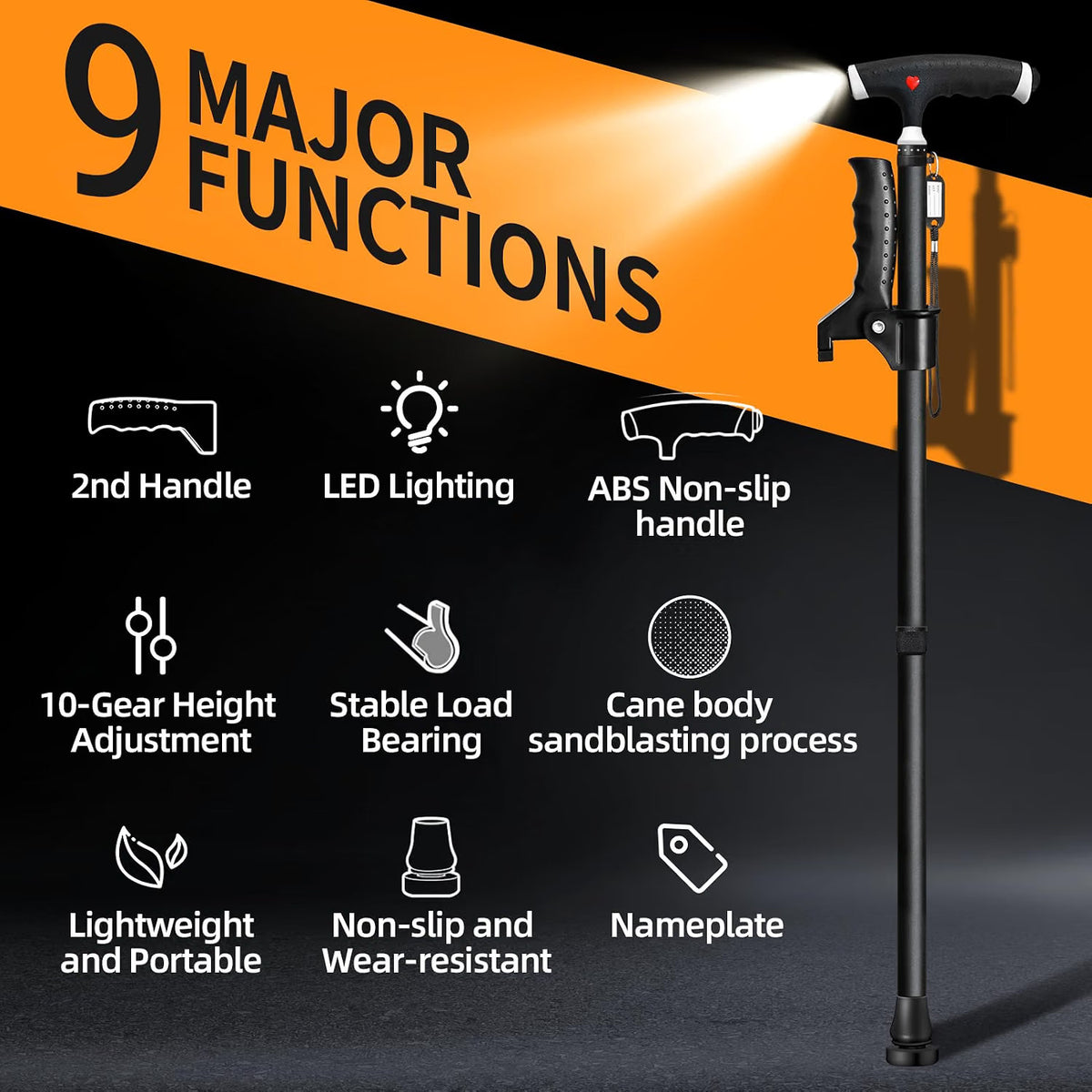 Walking Stick Adjustable 2nd Handle LED Light Men Women Seniors Arthritis Black