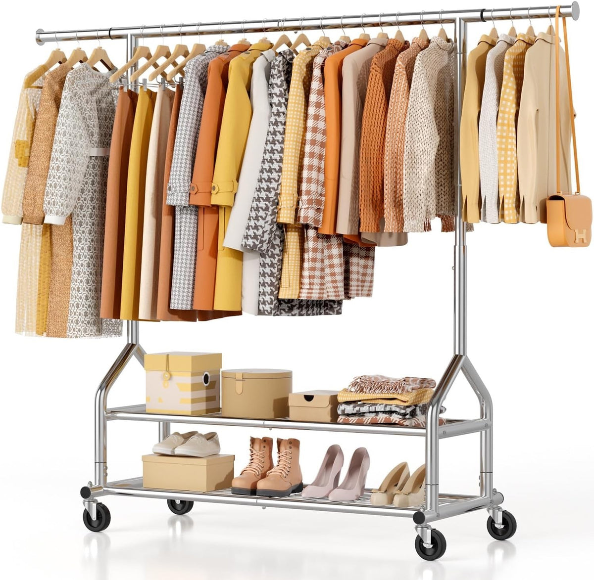 Clothes Rail Garment Rack Heavy Duty Metal Silver with Wheels 3 Storage Shelves