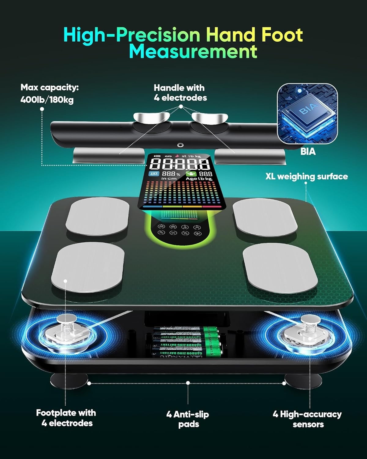 Smart Body Composition Scales 8 Electrode Bluetooth BMI Body Fat 180kg Black