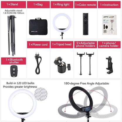 LED Ring Light 18 Inch Tripod Dimmable Selfie Portrait Vlog YouTube Remote Kit