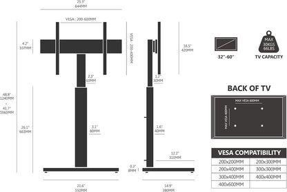 TV Floor Stand 32-60 Inch Swivel Height Adjustable VESA 600x400 White Base