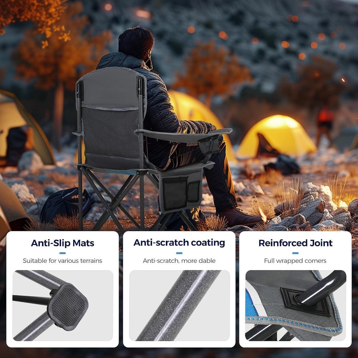 Folding Camping Chair Heavy Duty 160kg High Back Cup Holders Blue Carry Bag