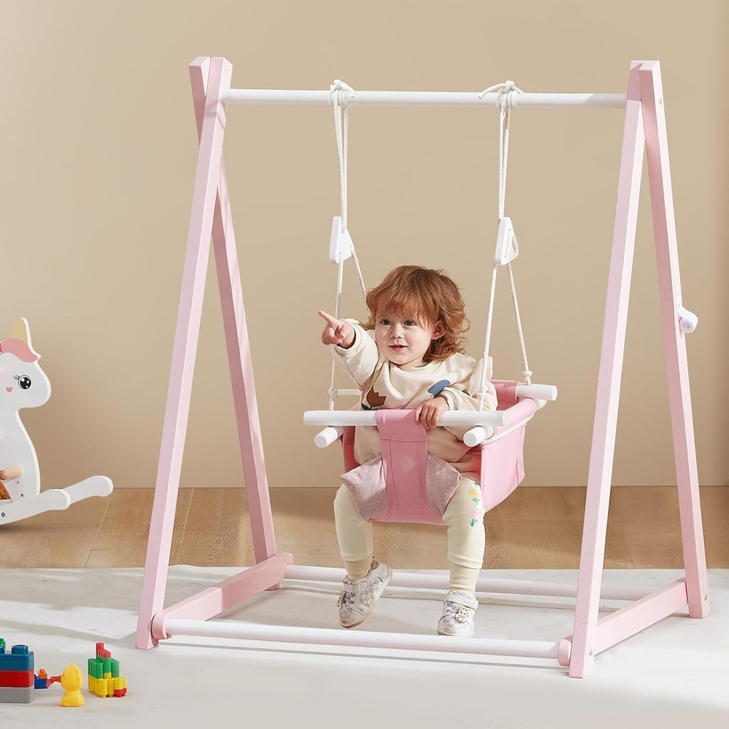 FUNLIO Wooden Toddler Swing Set Foldable Indoor Outdoor Baby 6-36M Pink Backyard