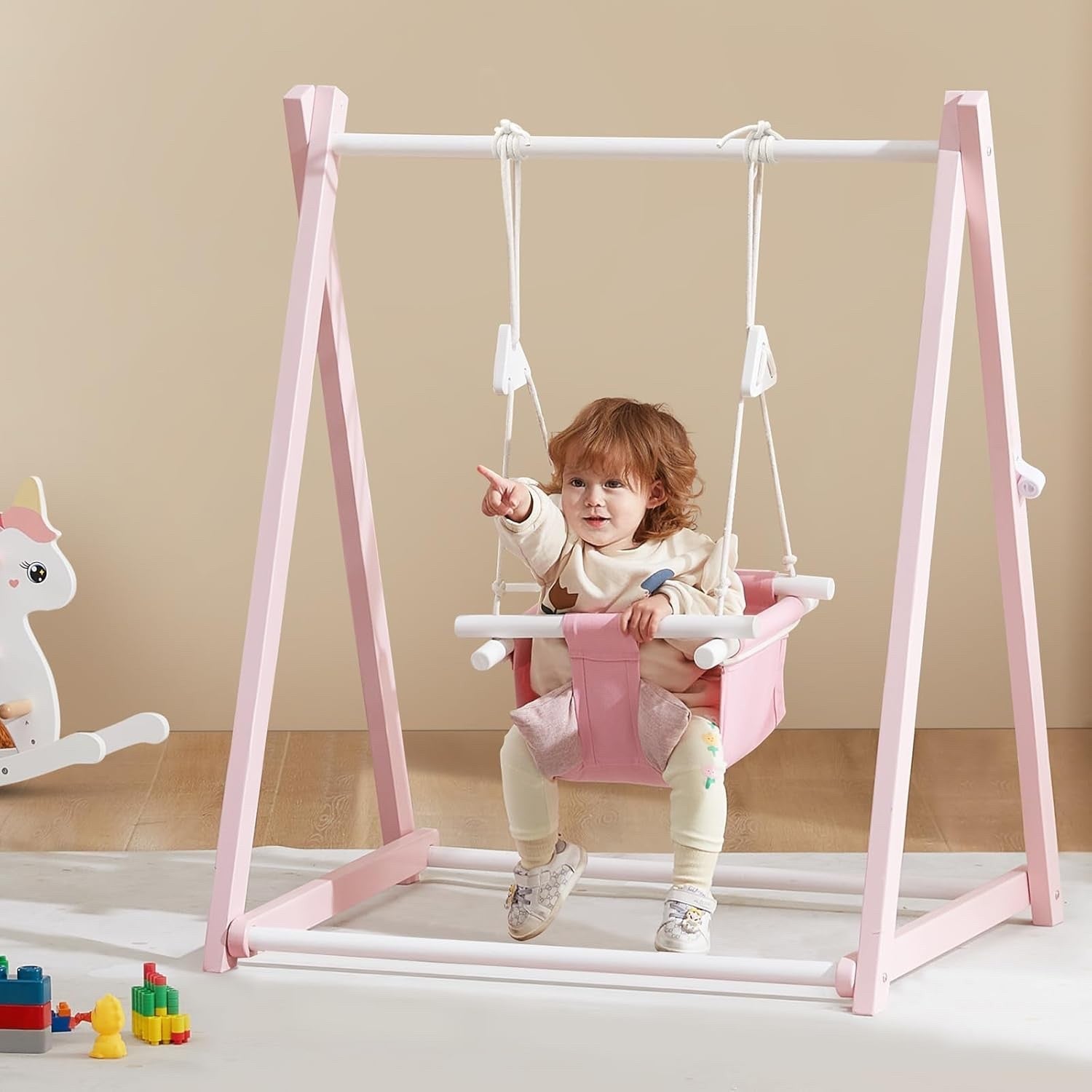 FUNLIO Wooden Toddler Swing Set Foldable Indoor Outdoor Baby 6-36M Pink Backyard
