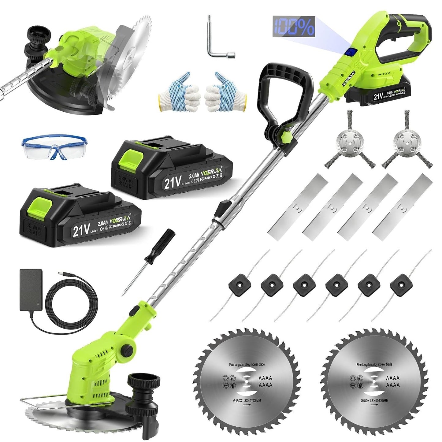 Cordless Grass Trimmer Strimmer Brush Cutter 21V 2 Batteries 4-in-1 Lawn Mower