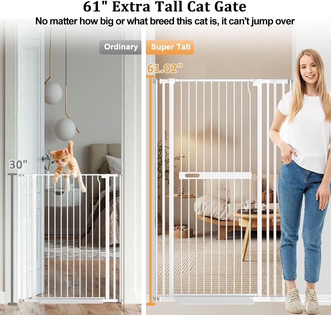Extra Tall Cat Gate Pet Safety Barrier 155cm White 76-92cm Auto Close Metal