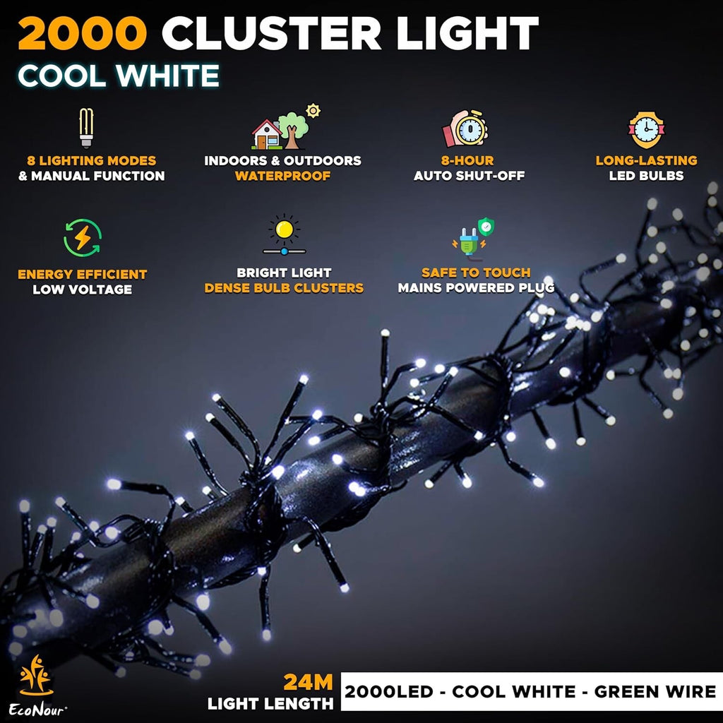 EcoNour Christmas Tree Cluster Lights - 2000 LED - Cool White