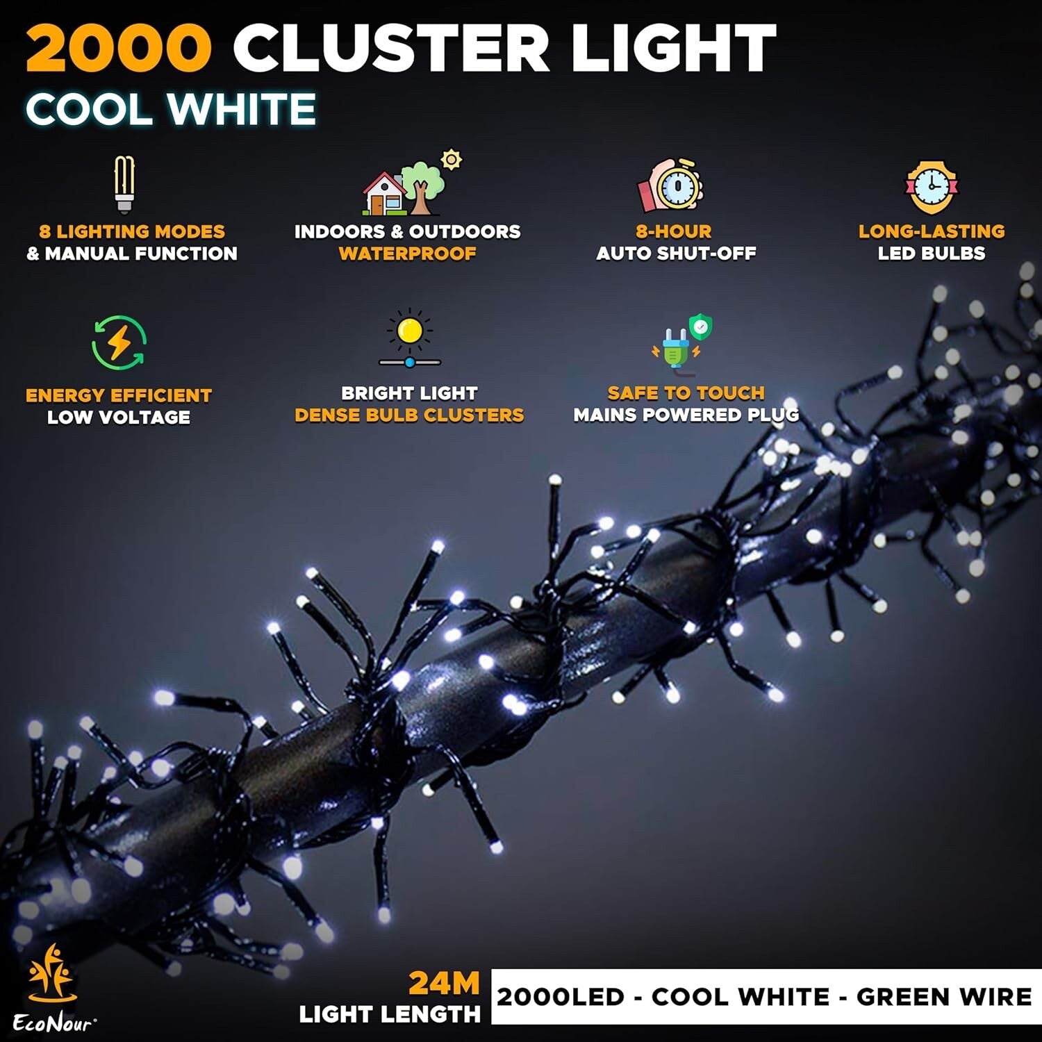 EcoNour Christmas Tree Cluster Lights - 2000 LED - Cool White
