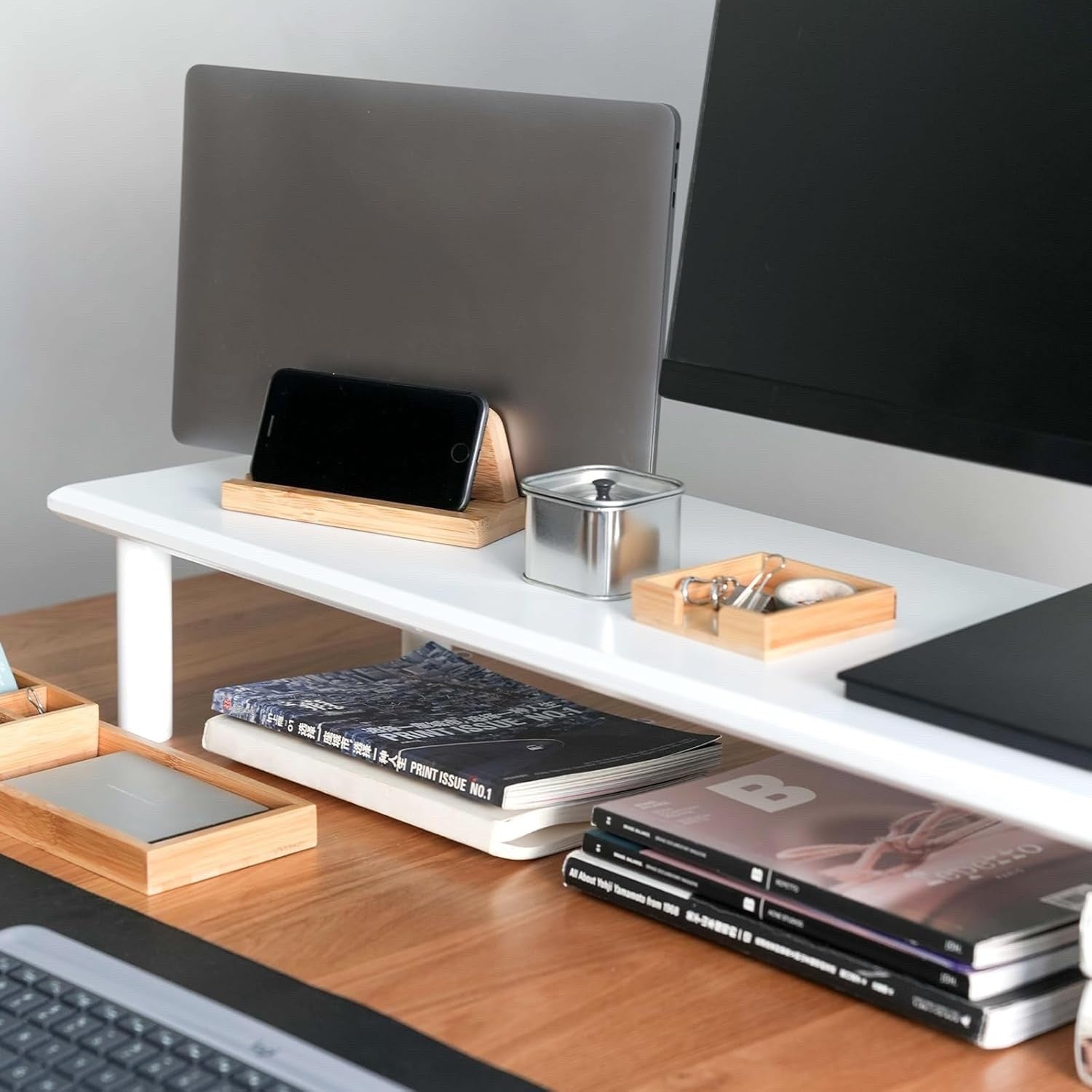 Dual Monitor Stand Riser Bamboo Desk Shelf White Heavy Duty 130lb Storage