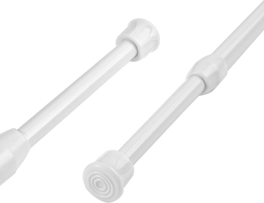 White Extendable Shower Curtain Rod Adjustable Tension Pole No Drill Bathroom close-up view of tension pole and end pieces
