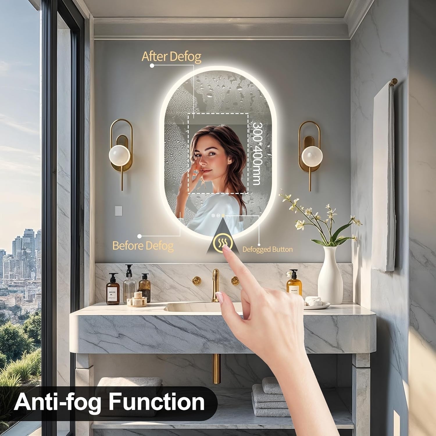 600x900mm LED Bathroom Mirror Anti Fog Dimmable 3 Color Light Wall Mounted IP56