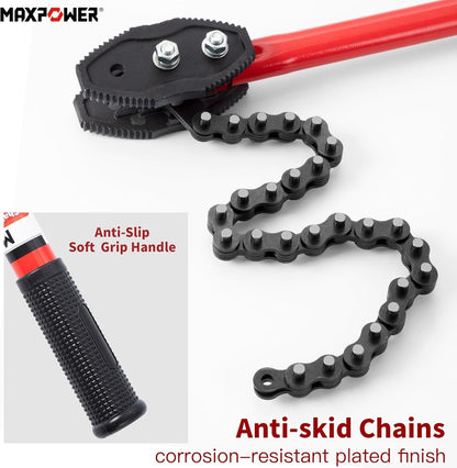 Chain Wrench Pipe Tool 35in Heavy Duty MAX 7in Grip Plumber Oil Filter Red