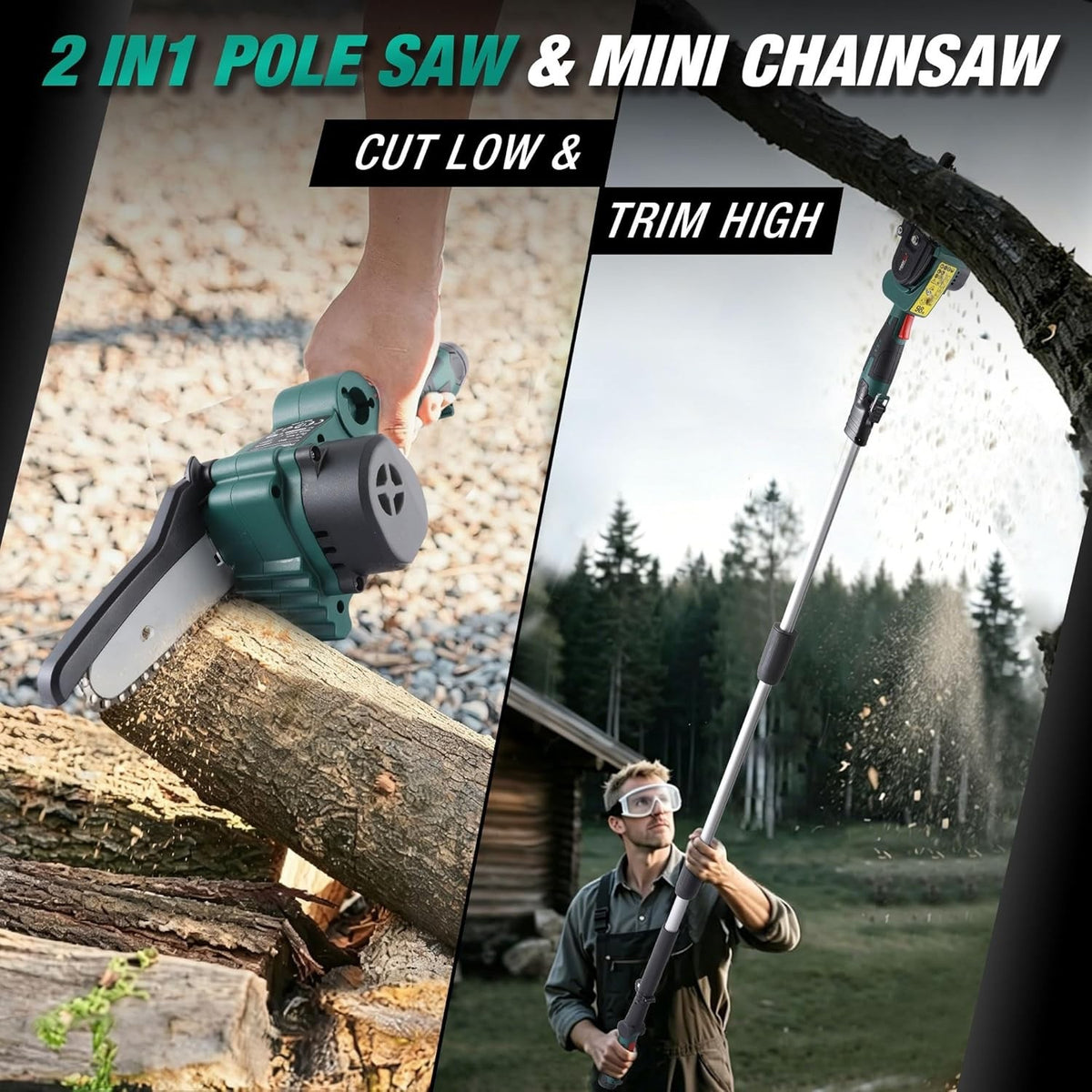 Cordless Pole Saw Chainsaw 4 Inch Mini Electric Pruner 13FT Reach 2x2Ah Battery
