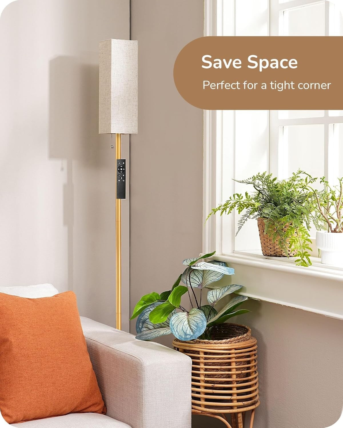 EDISHINE Floor Lamp Standing Lamp with Square Linen Lampshade Gold