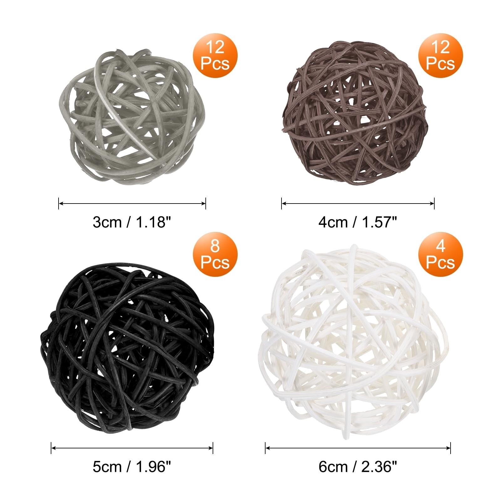 sourcing map 72 Pcs Wicker Rattan Balls, 1.2" 1.6" 2" 2.4" Wood Decorative Balls