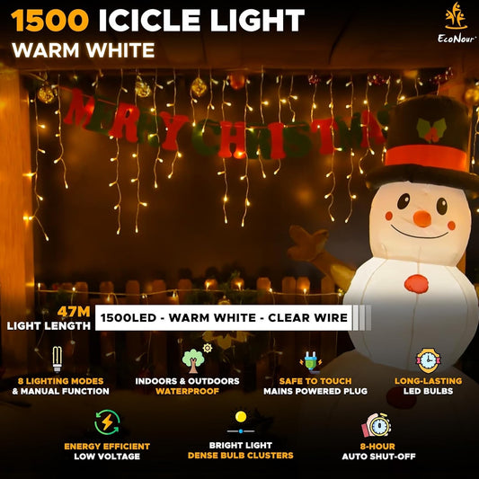 EcoNour Icicle Lights Outdoor Christmas Lights 1500 LED 47M Warm White