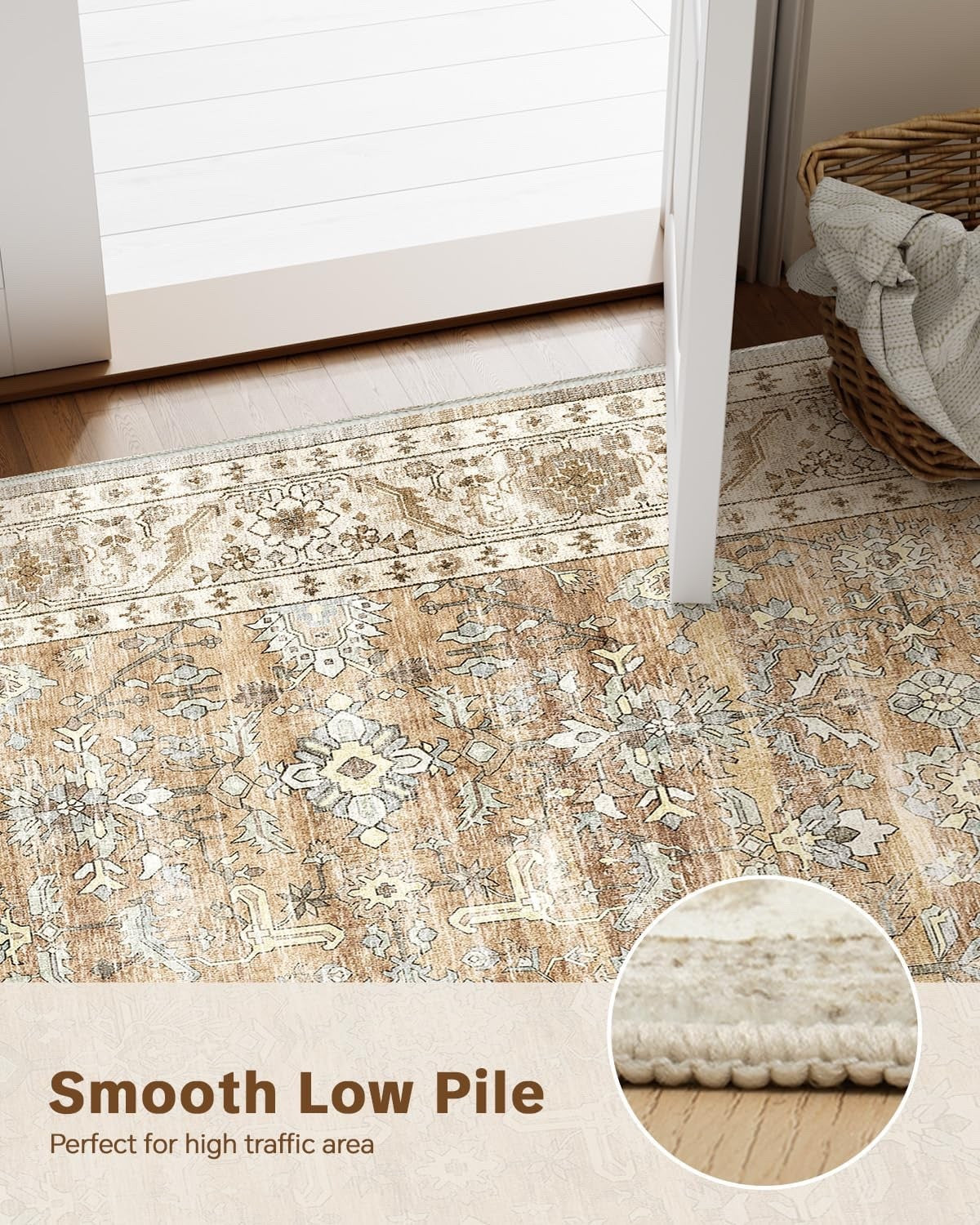 Area Rug Carpet Washable Vintage Beige Brown Non Slip Low Pile 240x340cm Home