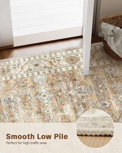 Area Rug Carpet Washable Vintage Beige Brown Non Slip Low Pile 240x340cm Home